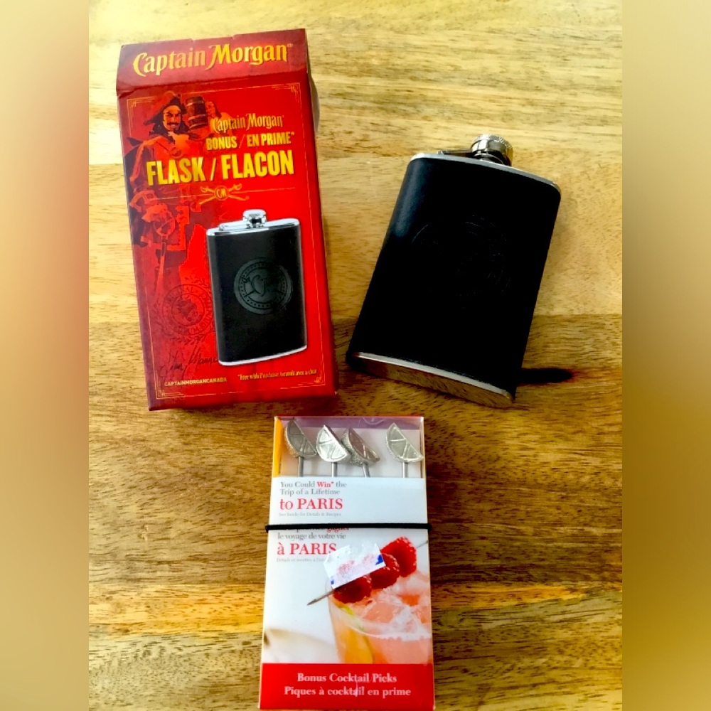 New bar items Captain Morgan Flask and Bonus Cocktail Picks